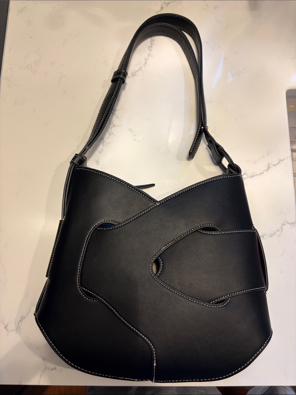Polene Hobo Black Shoulder Bag with Contrast White Stitching.